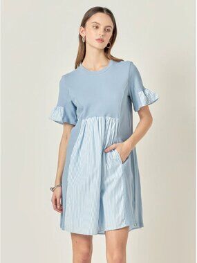 English Factory Knit Stripe Woven Mixed Dress Coastal Cottagecore Blue Size M